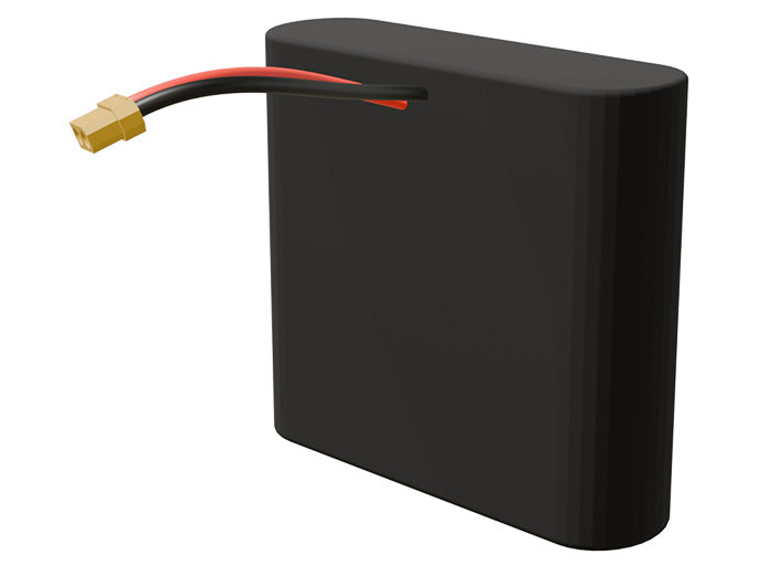 Side-angle render of a 3.6-volt 14000mAh lithium-ion battery, assembled in the USA for compact UAV, drone, and military robotics platforms.
