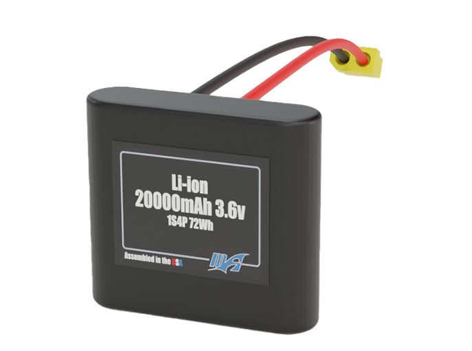 Side-angle render of a 3.6-volt 20000mAh lithium-ion battery, assembled in the USA for compact UAV, drone, and military robotics platforms.