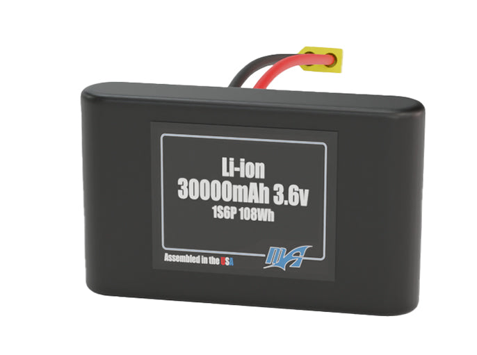 Side-angle render of a 3.6-volt 30000mAh lithium-ion battery, assembled in the USA for compact UAV, drone, and military robotics platforms.