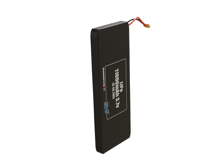 Side-angle render of a 3.7-volt 11000mAh lithium-polymer battery, assembled in the USA for compact UAV, drone, and military robotics platforms.
