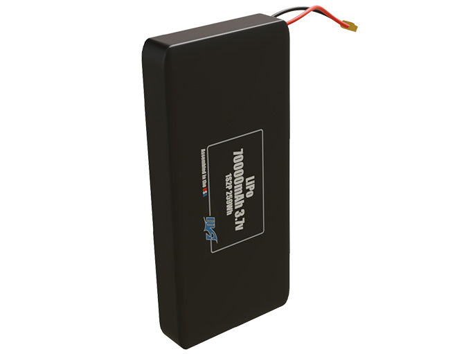 Side-angle render of a 3.7-volt 70000mAh lithium-polymer battery, assembled in the USA for compact UAV, drone, and military robotics platforms.