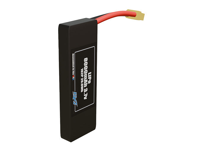 Side-angle render of a 3.7-volt 8000mAh lithium-polymer battery, assembled in the USA for compact UAV, drone, and military robotics platforms.