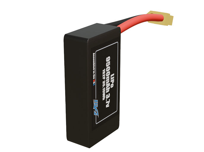 Side-angle render of a 3.7-volt 9500mAh lithium-polymer battery, assembled in the USA for compact UAV, drone, and military robotics platforms.