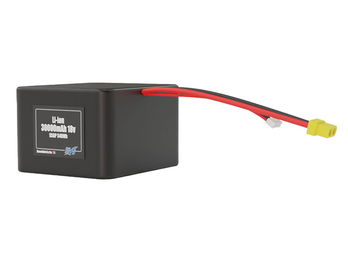 Angled product render of the 30000mAh 30-cell Lithium-ion pack. A lightweight energy source for UAV, drone, and robotic builds.