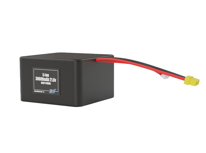 Angled product render of the 30000mAh 36-cell Lithium-ion pack. A lightweight energy source for UAV, drone, and robotic builds.