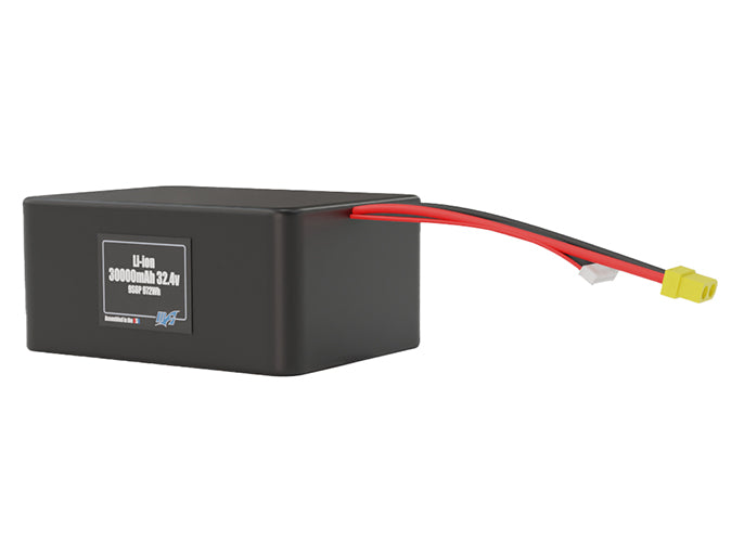 Angled product render of the 30000mAh 54-cell Lithium-ion pack. A lightweight energy source for UAV, drone, and robotic builds.