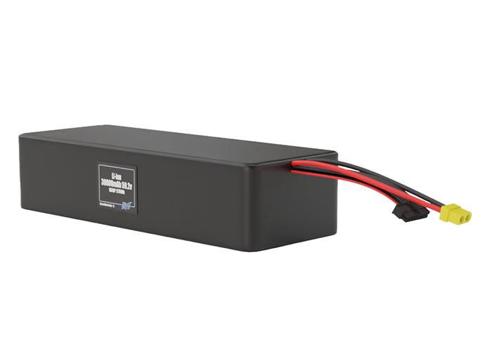 Angled product render of the 30000mAh 96-cell Lithium-ion pack. A lightweight energy source for UAV, drone, and robotic builds.
