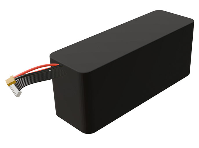 Side-angle render of a 32.4-volt 10500mAh lithium-ion battery, assembled in the USA for compact UAV, drone, and military robotics platforms.
