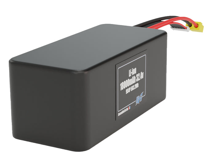 Side-angle render of a 32.4-volt 18000mAh lithium-ion battery, assembled in the USA for compact UAV, drone, and military robotics platforms.