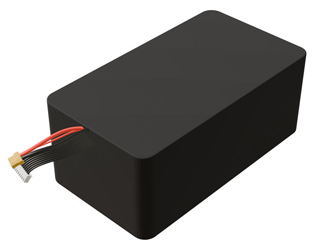 Side-angle render of a 32.4-volt 25000mAh lithium-ion battery, assembled in the USA for compact UAV, drone, and military robotics platforms.