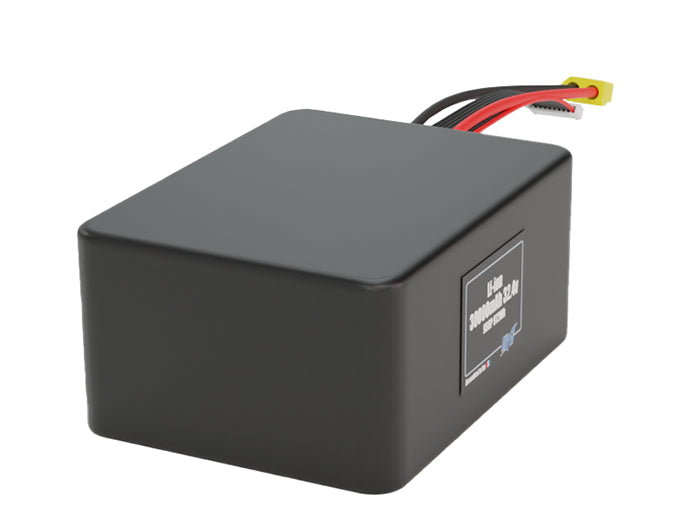 Side-angle render of a 32.4-volt 30000mAh lithium-ion battery, assembled in the USA for compact UAV, drone, and military robotics platforms.