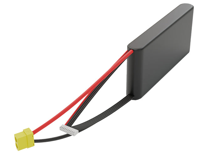 Side-angle render of a 32.4-volt 3500mAh lithium-ion battery, assembled in the USA for compact UAV, drone, and military robotics platforms.