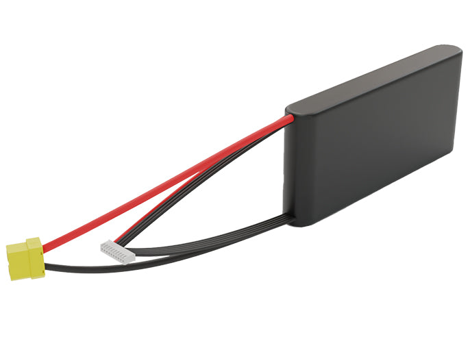 Side-angle render of a 32.4-volt 4500mAh lithium-ion battery, assembled in the USA for compact UAV, drone, and military robotics platforms.