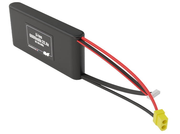 Side-angle render of a 32.4-volt 6000mAh lithium-ion battery, assembled in the USA for compact UAV, drone, and military robotics platforms.
