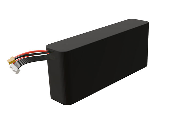 Side-angle render of a 32.4-volt 9000mAh lithium-ion battery, assembled in the USA for compact UAV, drone, and military robotics platforms.