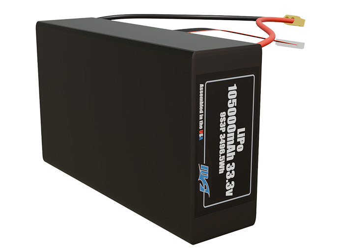 Side-angle render of a 33.3-volt 105000mAh lithium-polymer battery, assembled in the USA for compact UAV, drone, and military robotics platforms.