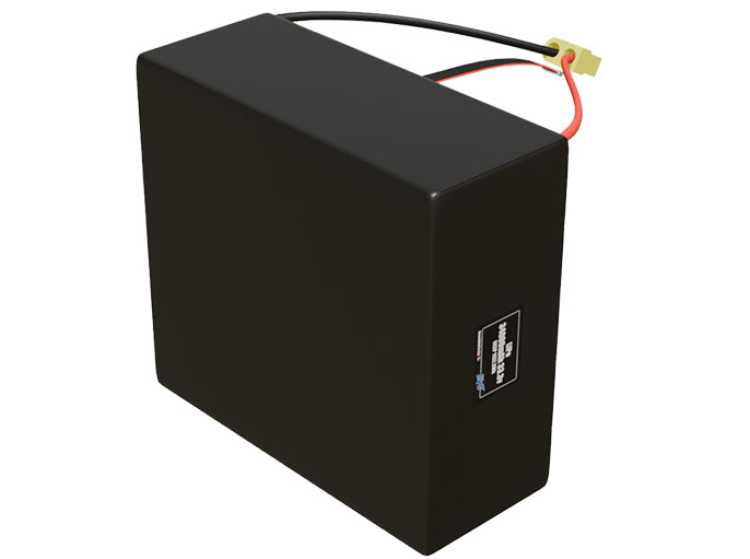 Side-angle render of a 33.3-volt 34000mAh lithium-polymer battery, assembled in the USA for compact UAV, drone, and military robotics platforms.