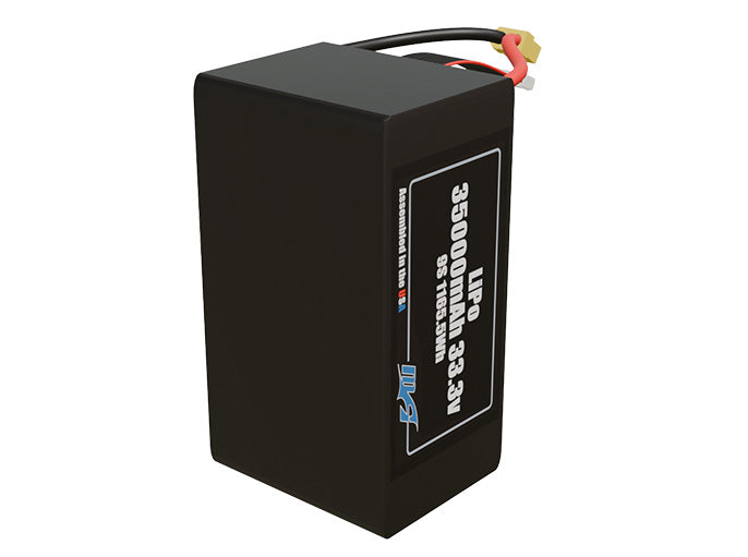 Side-angle render of a 33.3-volt 35000mAh lithium-polymer battery, assembled in the USA for compact UAV, drone, and military robotics platforms.