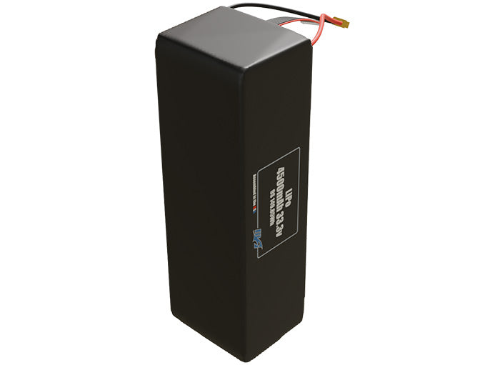 Side-angle render of a 33.3-volt 4500mAh lithium-polymer battery, assembled in the USA for compact UAV, drone, and military robotics platforms.