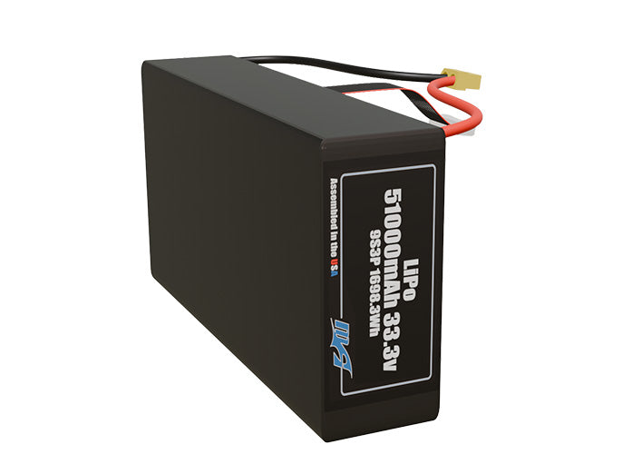 Side-angle render of a 33.3-volt 51000mAh lithium-polymer battery, assembled in the USA for compact UAV, drone, and military robotics platforms.