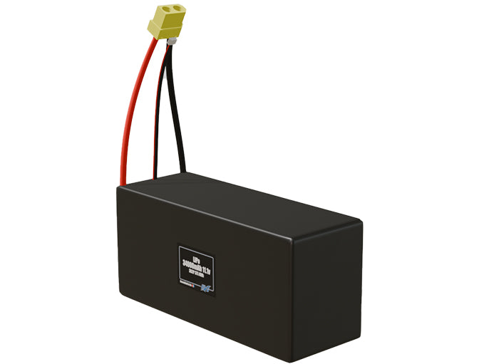 Angled product render of the 34000mAh 6-cell LiPo pack. A lightweight energy source for UAV, drone, and robotic builds.