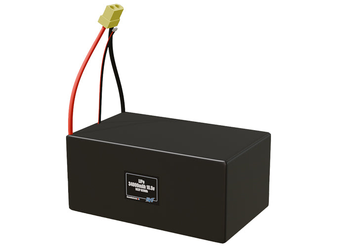 Angled product render of the 34000mAh 10-cell LiPo pack. A lightweight energy source for UAV, drone, and robotic builds.