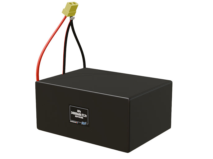 Angled product render of the 34000mAh 12-cell LiPo pack. A lightweight energy source for UAV, drone, and robotic builds.