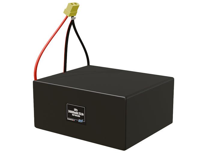 Angled product render of the 34000mAh 14-cell LiPo pack. A lightweight energy source for UAV, drone, and robotic builds.