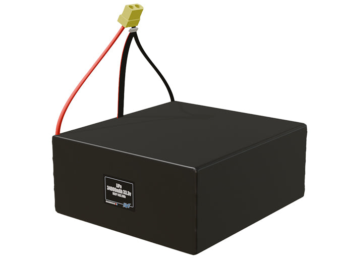 Angled product render of the 34000mAh 18-cell LiPo pack. A lightweight energy source for UAV, drone, and robotic builds.