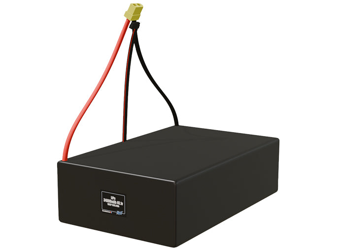 Angled product render of the 34000mAh 26-cell LiPo pack. A lightweight energy source for UAV, drone, and robotic builds.