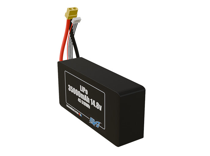 Angled product render of the 35000mAh 4-cell LiPo pack. A lightweight energy source for UAV, drone, and robotic builds.
