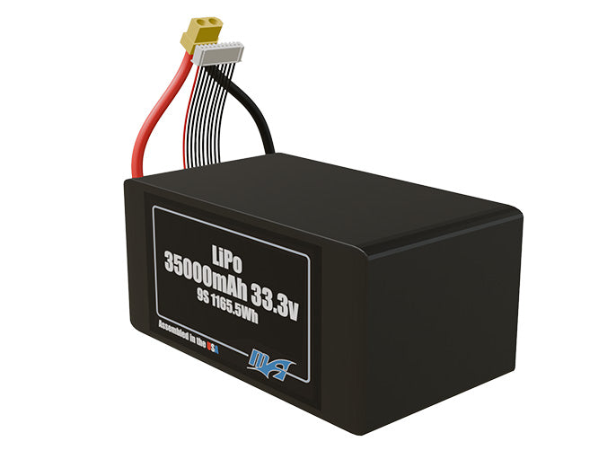 Angled product render of the 35000mAh 9-cell LiPo pack. A lightweight energy source for UAV, drone, and robotic builds.
