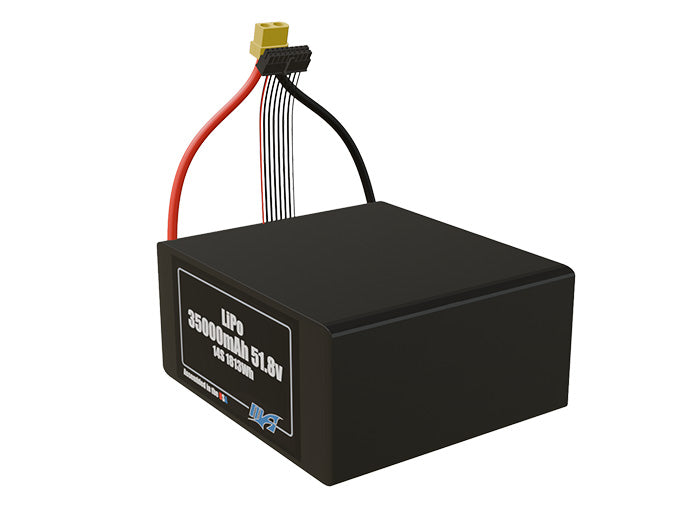 Angled product render of the 35000mAh 14-cell LiPo pack. A lightweight energy source for UAV, drone, and robotic builds.