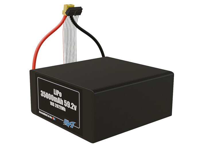 Angled product render of the 35000mAh 16-cell LiPo pack. A lightweight energy source for UAV, drone, and robotic builds.