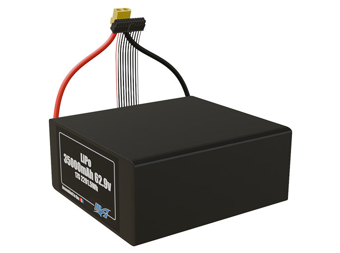Angled product render of the 35000mAh 17-cell LiPo pack. A lightweight energy source for UAV, drone, and robotic builds.