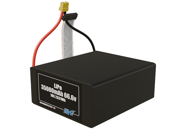 Angled product render of the 35000mAh 18-cell LiPo pack. A lightweight energy source for UAV, drone, and robotic builds.