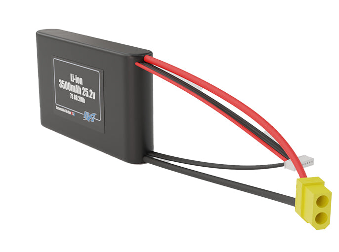 Angled product render of the 3500mAh seven-cell Li-ion pack. A lightweight energy source for UAV, drone, and robotic builds.