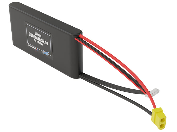 Angled product render of the 3500mAh nine-cell Li-ion pack. A lightweight energy source for UAV, drone, and robotic builds.