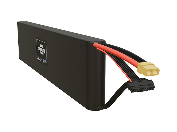 Angled product render of the 3500mAh seventeen-cell Li-ion pack. A lightweight energy source for UAV, drone, and robotic builds.