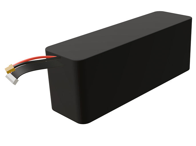 Side-angle render of a 36-volt 10500mAh lithium-ion battery, assembled in the USA for compact UAV, drone, and military robotics platforms.