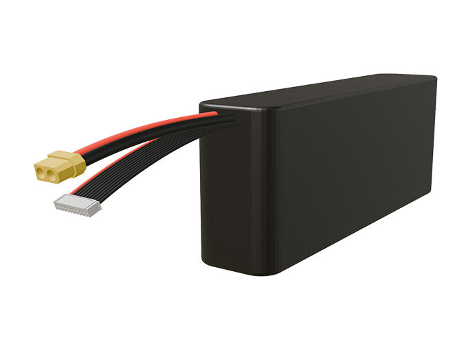 Side-angle render of a 36-volt 12000mAh lithium-ion battery, assembled in the USA for compact UAV, drone, and military robotics platforms.