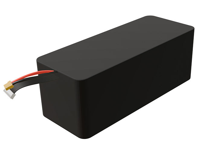 Side-angle render of a 36-volt 14000mAh lithium-ion battery, assembled in the USA for compact UAV, drone, and military robotics platforms.