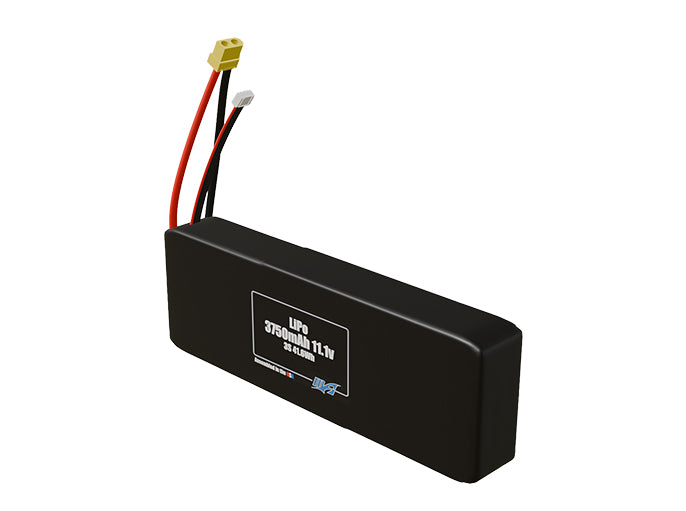 Angled product render of the 3750mAh three-cell LiPo pack. A lightweight energy source for UAV, drone, and robotic builds.
