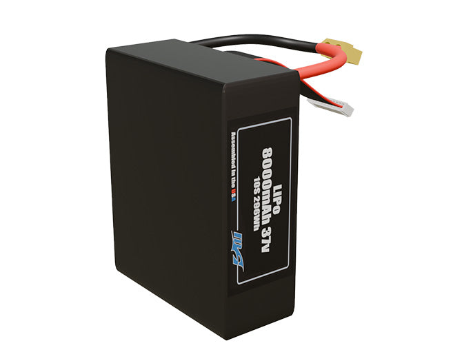 Side-angle render of a 37-volt 8000mAh lite lithium-polymer battery, assembled in the USA for compact UAV, drone, and military robotics platforms.