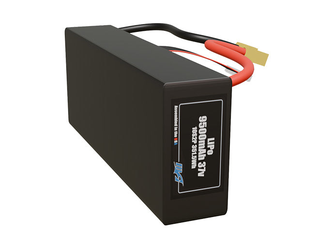 Side-angle render of a 37-volt 9500mAh lithium-polymer battery, assembled in the USA for compact UAV, drone, and military robotics platforms.