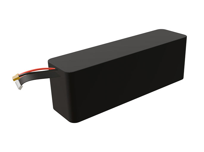 Side-angle render of a 39.6-volt 10500mAh lithium-ion battery, assembled in the USA for compact UAV, drone, and military robotics platforms.