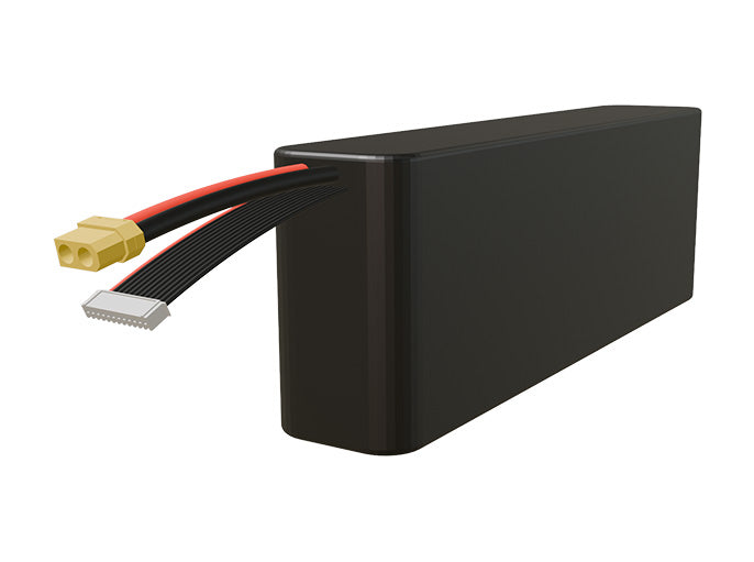 Side-angle render of a 39.6-volt 12000mAh lithium-ion battery, assembled in the USA for compact UAV, drone, and military robotics platforms.
