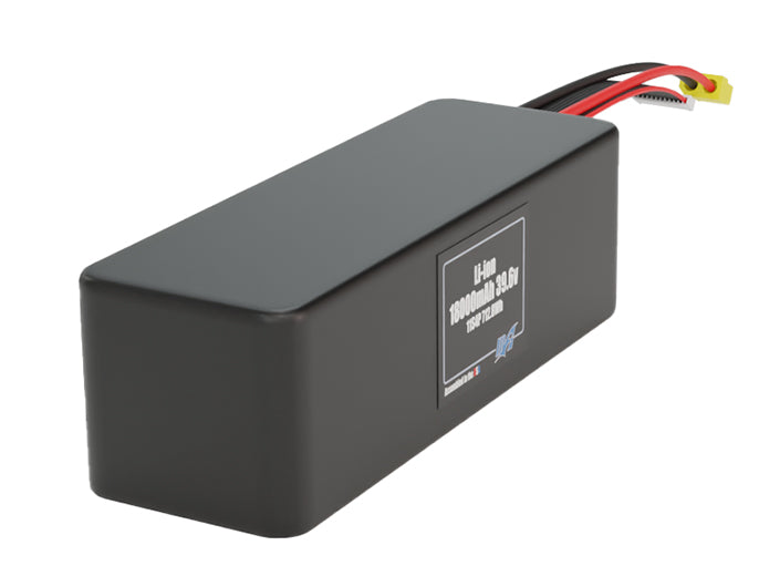 Side-angle render of a 39.6-volt 18000mAh lithium-ion battery, assembled in the USA for compact UAV, drone, and military robotics platforms.