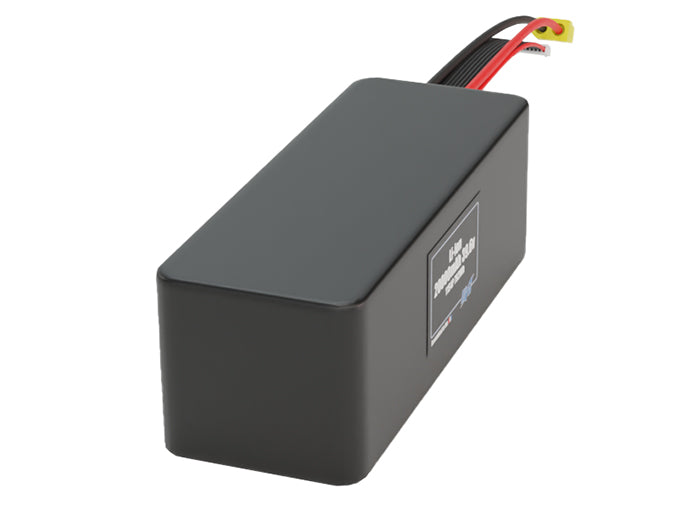 Side-angle render of a 39.6-volt 20000mAh lithium-ion battery, assembled in the USA for compact UAV, drone, and military robotics platforms.