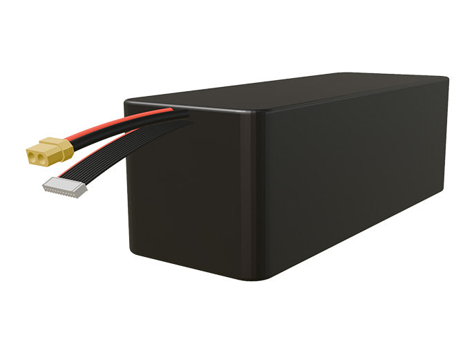 Side-angle render of a 39.6-volt 24000mAh lithium-ion battery, assembled in the USA for compact UAV, drone, and military robotics platforms.